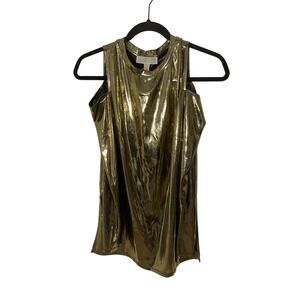 NEW Michael Kors Womens Gold Metallic Foil Cold Shoulder Regency Glam Formal Top